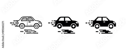 Set of fast car icons: line, filled, and pixel art styles