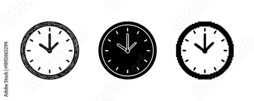 Free Download Minimalist black and white clocks in sketch, solid, and pixel art styles - GFXLoad