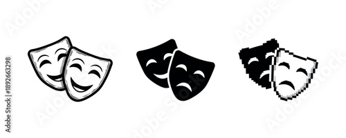 Three theater masks: classic sketch, solid black, pixelated sad face