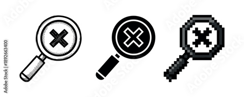 Set of three magnifying glass icons with x symbol in different styles