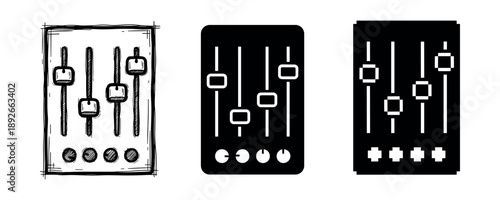 Set of audio mixing console fader illustrations in sketch and solid styles