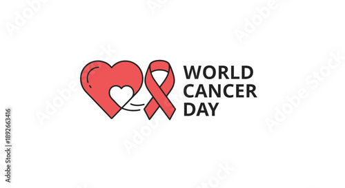 World Cancer Day illustration featuring red ribbon and heart symbol, vector graphics