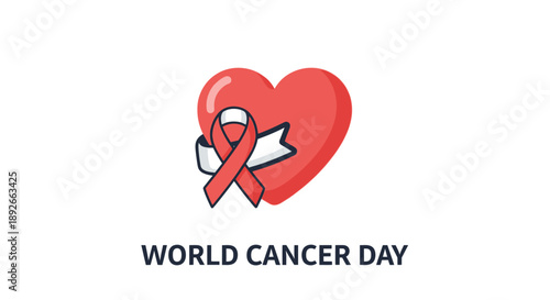World Cancer Day illustration featuring red heart with ribbon, symbolizing awareness and support for cancer research and patients globally