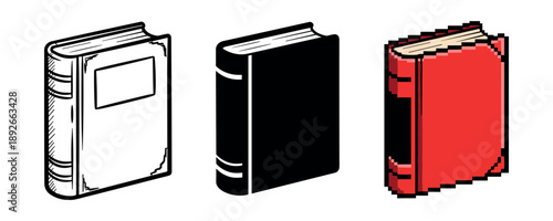 Minimalist and pixel art styles of three identical books in black, white, and red