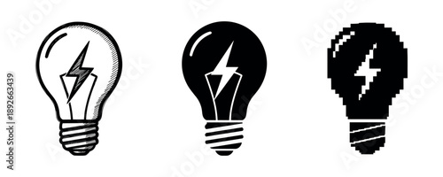 Three light bulb designs: sketch, silhouette, pixel art