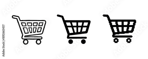 Three shopping cart icons: outline, solid, and pixelated designs