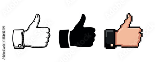 Evolution of thumbs up icons: sketch, silhouette, and pixel art variations