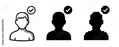 Three person icons with check marks: sketch, silhouette, pixelated variants
