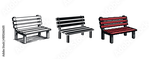 Three illustrated benches in black and white and red variations