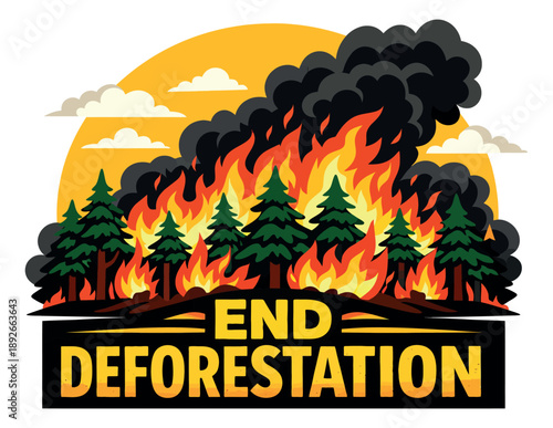 Graphic style illustration of a burning forest depicting widespread destruction for environmental awareness