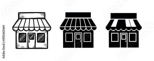 Set of three black and white shop icon variations with awnings