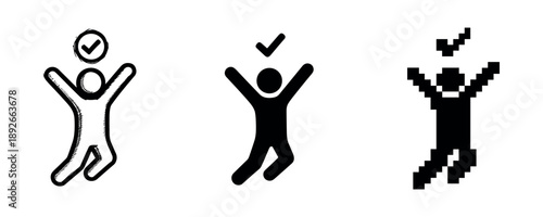 Three happy human icons with check marks: sketch, solid, and pixelated variations