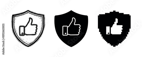 Thumbs up shields vector icons collection in sketch, solid, and pixel styles