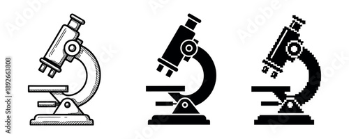 Three stylized microscope icons: sketch, solid, pixel art variations