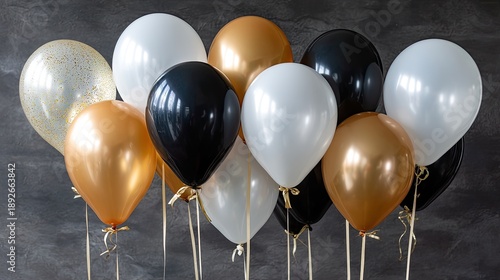 A garland of shiny gold and white balls is placed on a dark surface, creating a festive look for decoration