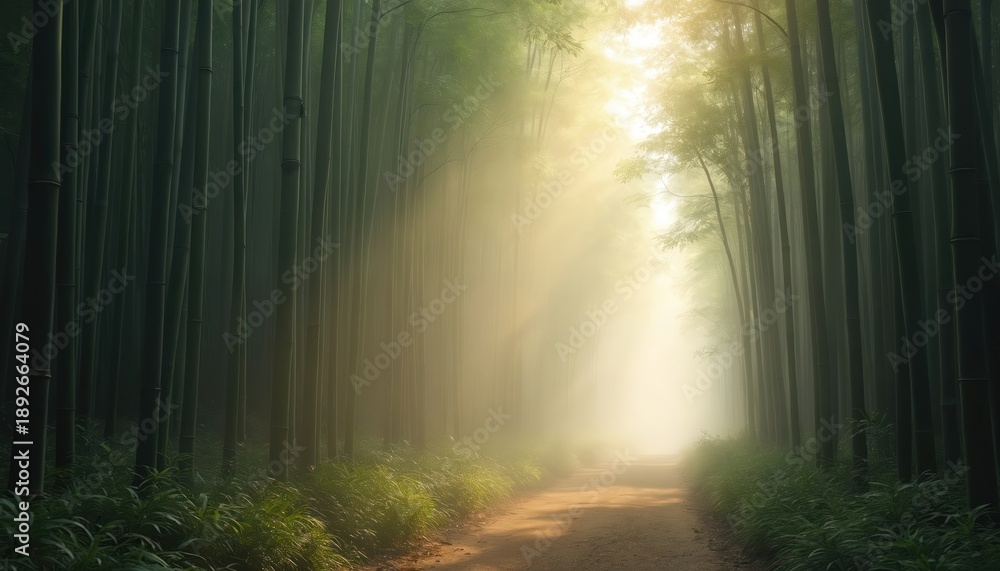 Obraz premium Sunlight streams through a misty bamboo forest path. Tall green bamboo stalks line a dirt trail leading into soft haze. Lush green plants grow at the forest floor.