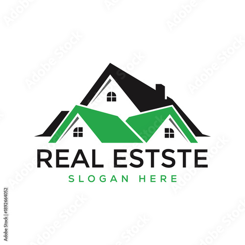 Modern real estate logo design with green house icon and bold typography for business branding and property marketing