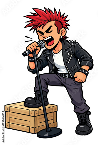 Cartoon illustration of a punk rocker depicting a dynamic vocal performance for music themed designs