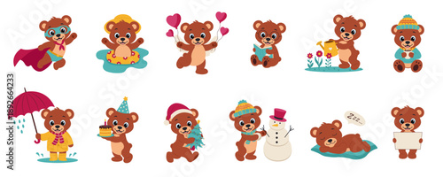 Cute animals bear chracters. Teddy bear in different situations: Christmas, winter, spring, summer, autumn, birthday, reading, drinking tea, Valentine's Day.