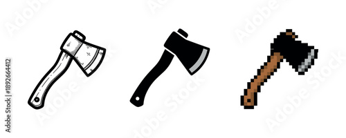Three ax drawings: detailed, silhouette, and pixel art styles compared