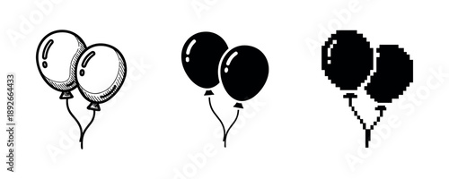 Three balloon styles: sketch, solid, pixel trio on white background