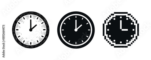 Set of three clock designs: sketch, modern, pixel art styles