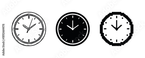 Three clock designs: sketch, solid, pixel art - timekeeping illustration