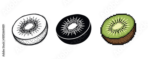 Kiwi fruit in three styles: sketch, bold silhouette, pixel art