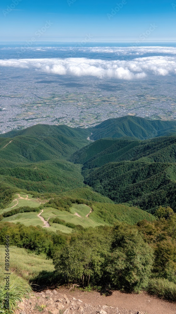 Obraz premium View of green mountains, city in the distance, and rain clouds above, showcasing nature and the high altitude near Jodo Shrine