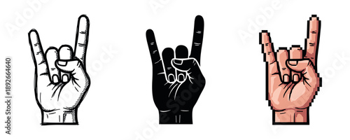 Stylized hand gestures: outline, silhouette, pixel art illustrations