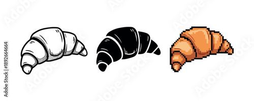 Three artistic croissant designs: sketch, silhouette, pixel art variations