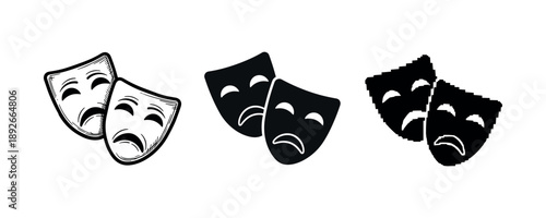 Tragedy masks in vintage, modern, and pixelated styles on white background
