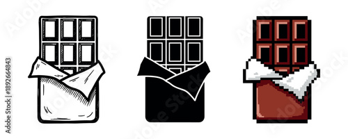 Chocolate bar evolution: sketch, silhouette, pixel art styles