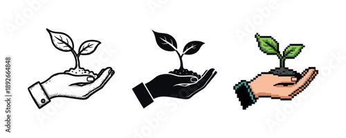 Hands holding young plant: sketch, silhouette, pixel art variations