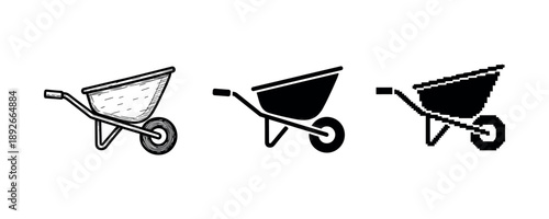 Three wheelbarrow icons: sketch, silhouette, pixel art styles