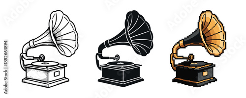 Vintage phonograph trio: classic, silhouette, and pixel art styles
