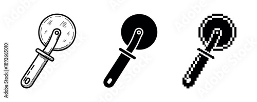Three pizza cutter designs: sketch, solid, pixel art with black handles on white background