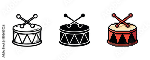 Set of drum icons in vintage, modern, and pixel art styles