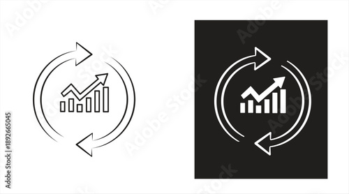 Growth chart icon, with circular arrows in flat design lines, business concept, continuous improvement, isolated on white background, vector illustration.