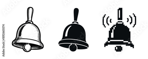Set of bells in sketch, solid, and pixel art styles