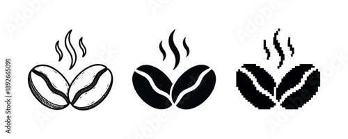 Coffee bean icons trio: hand-drawn, silhouette, pixel art styles with steam