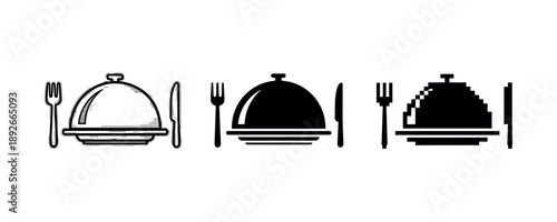 Three styles of cloche serving dish: vintage, modern, pixel art variations