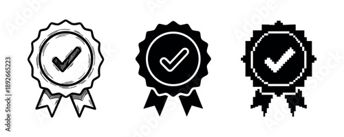 Medal icons: three variants of a check mark on ribbon badges