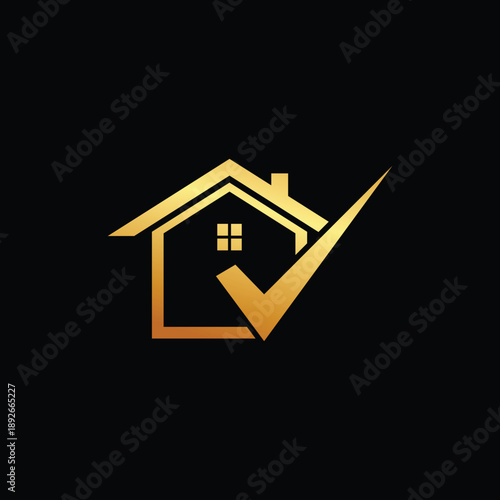 Modern golden house icon with checkmark symbolizing home ownership success real estate investment approval property purchase golden glow