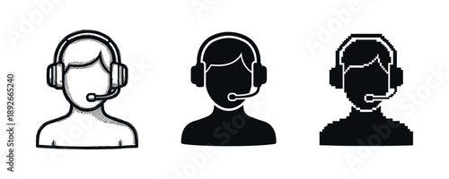 Set of three call center operator icons in different styles