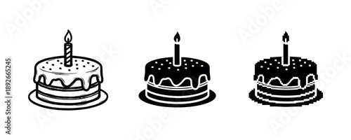 Three stylized birthday cakes with candle in different art styles