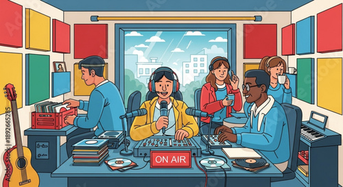 Diverse team in a radio studio recording a broadcast with musical instruments and sound equipment concept for media production and communication