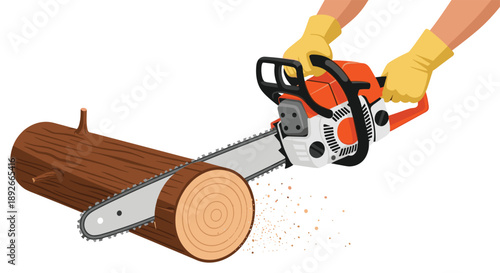 Professional Woodcutter Using Orange Chainsaw to Slice Tree Trunk with Yellow Safety Gloves Flat Vector Graphic
