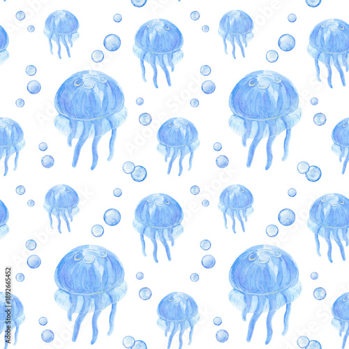 Sea jellyfish, watercolor seamless pattern on a white background. Underwater life, sea world. Hand-drawn illustration in a marine style.