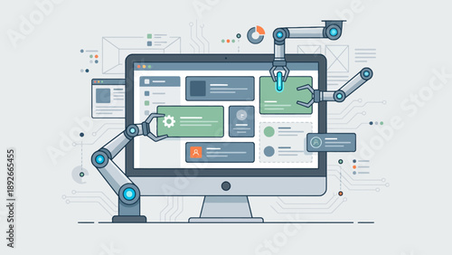 Robotic arms interacting with a computer screen displaying a user interface design.